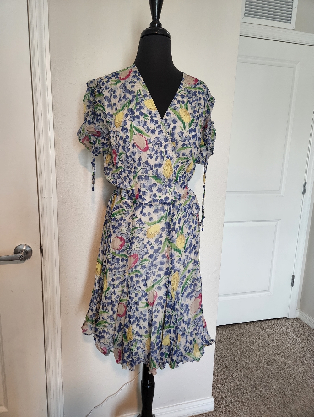 Polo by Ralph Lauren Blue Floral Wrap Mini Dress with Pastel Tulips - Picture 3 of 12
